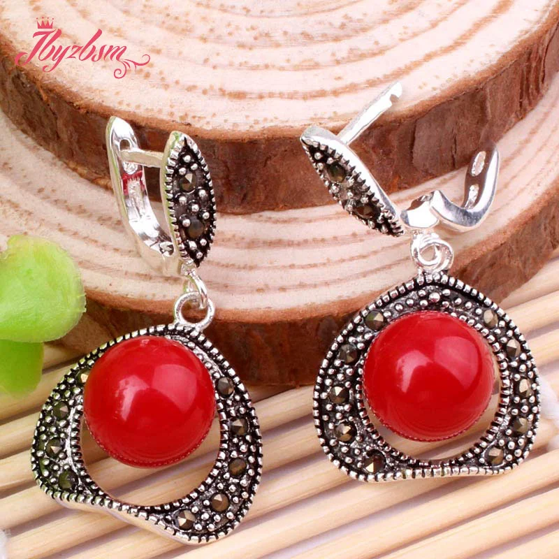 8.10mm Round Manmade Red Coral Marcasite Tibetan Silver Anniversary Classical Party Pendant 35x45mm Earring 19x25mm Jewelry  Set