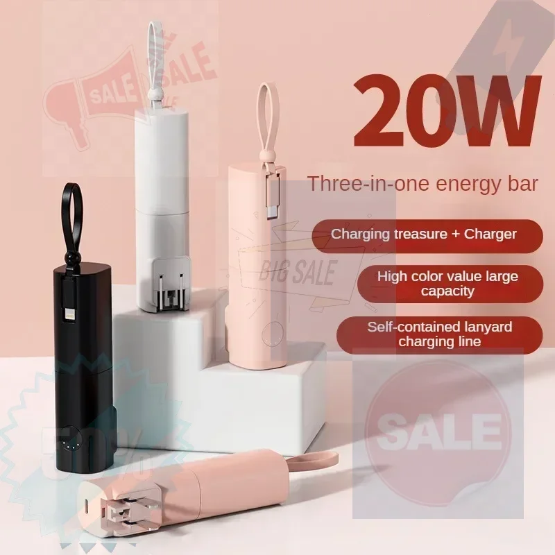 

5000mah 3 in 1 20W Fast Charging Power Bank Fast Charging with Built-in Cable Mobile Power Bank with Plug Capsule Power Bank