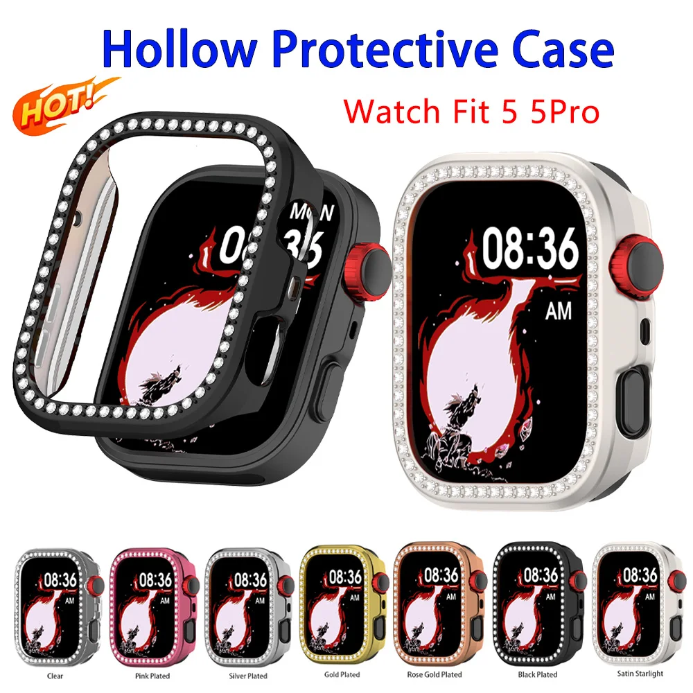 Single-Row Diamond Hollow Protective Case for Huawei Watch Fit 5 5Pro Women Protector Bling Cover Shell Hard PC Bumper Frame