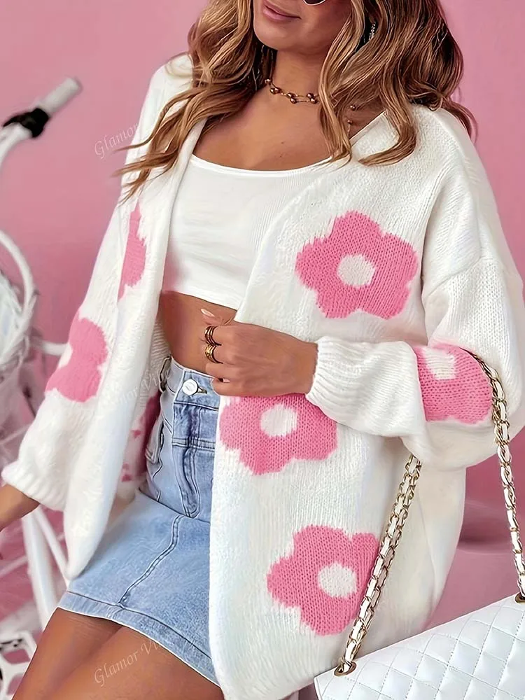 

Fashionable temperament cute floral pattern casual knitted sweater cardigan