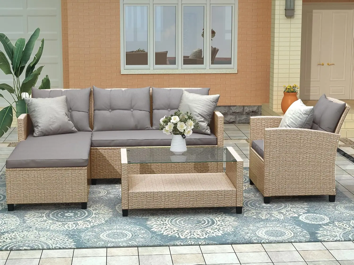 Outdoor 4-Piece Wicker Sectional Sofa Set With Cushions, Patio Conversation Furniture, Customized
