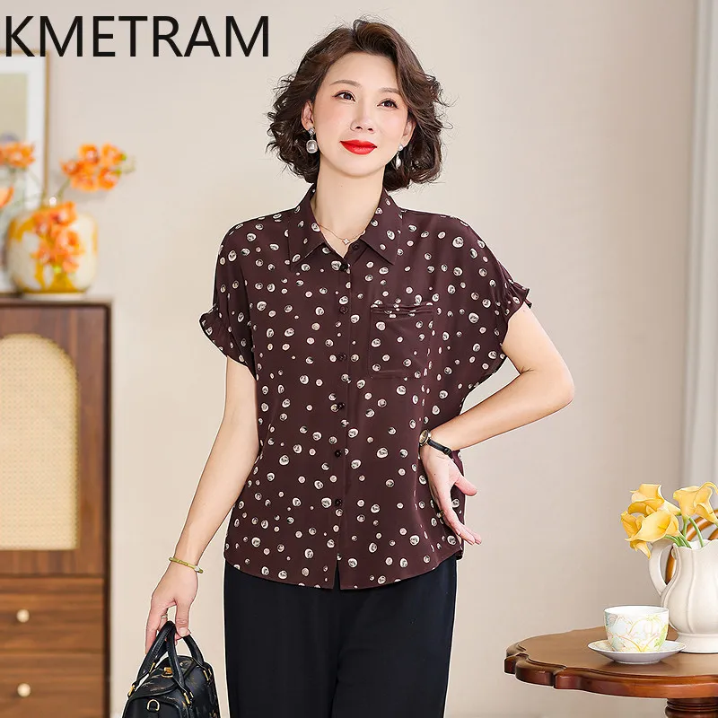 KMETRAM 100% Mulberry Silk Shirts for Women 2026 Summer New Polka Dot Pattern Short-sleeved Shirt Female Clothing Blusa Feminina