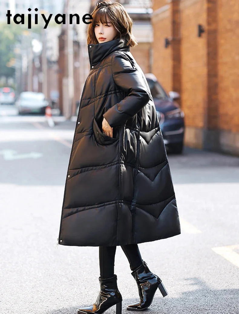 Genuine Tajiyane Sheepskin Leather Down Jacket for Women 2024 Fashion Long Coats Standing Collar Winter Casual Black Parkas