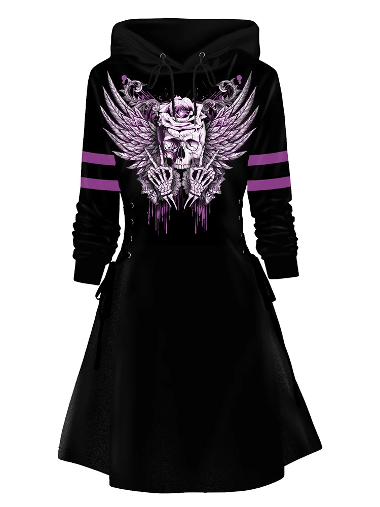 Halloween Lace Up Hoodie Dress Skull Skeleton Hand Rose Wing Stripe Print Drawstring Dress With Hooded Vestido Feminino