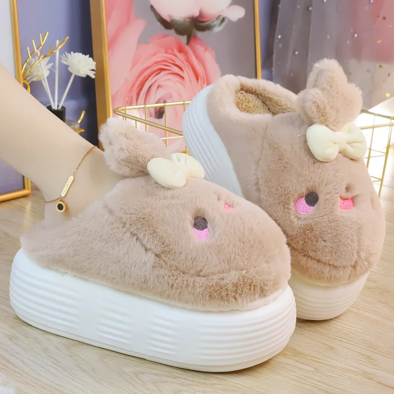 2022 Winter New Furry Chick Cotton Slippers Women\'s Home Cotton Slippers Cartoon Cute Thick-soled High-heeled Fur Slippers