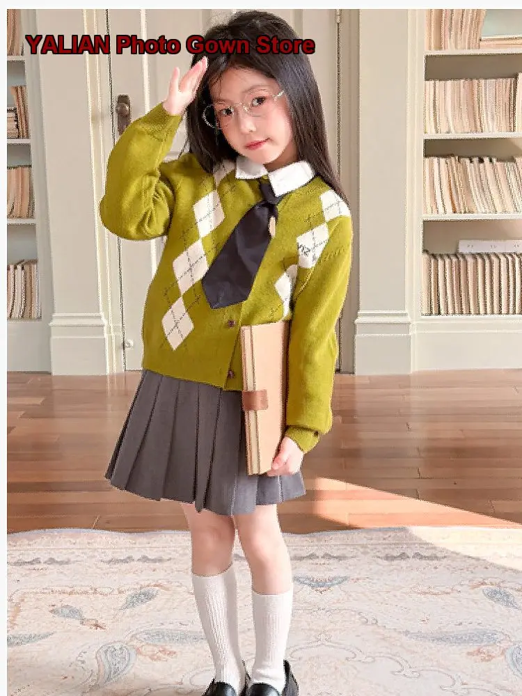 Girls Spring Autumn College Style Diamond Pattern Contrast Color Knit Kids Casual Coat