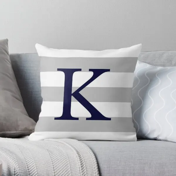 Silver Gray Stripes Navy Blue Monogram K  Printing Throw Pillow Cover Soft Wedding Home Decorative Pillows not include One Side