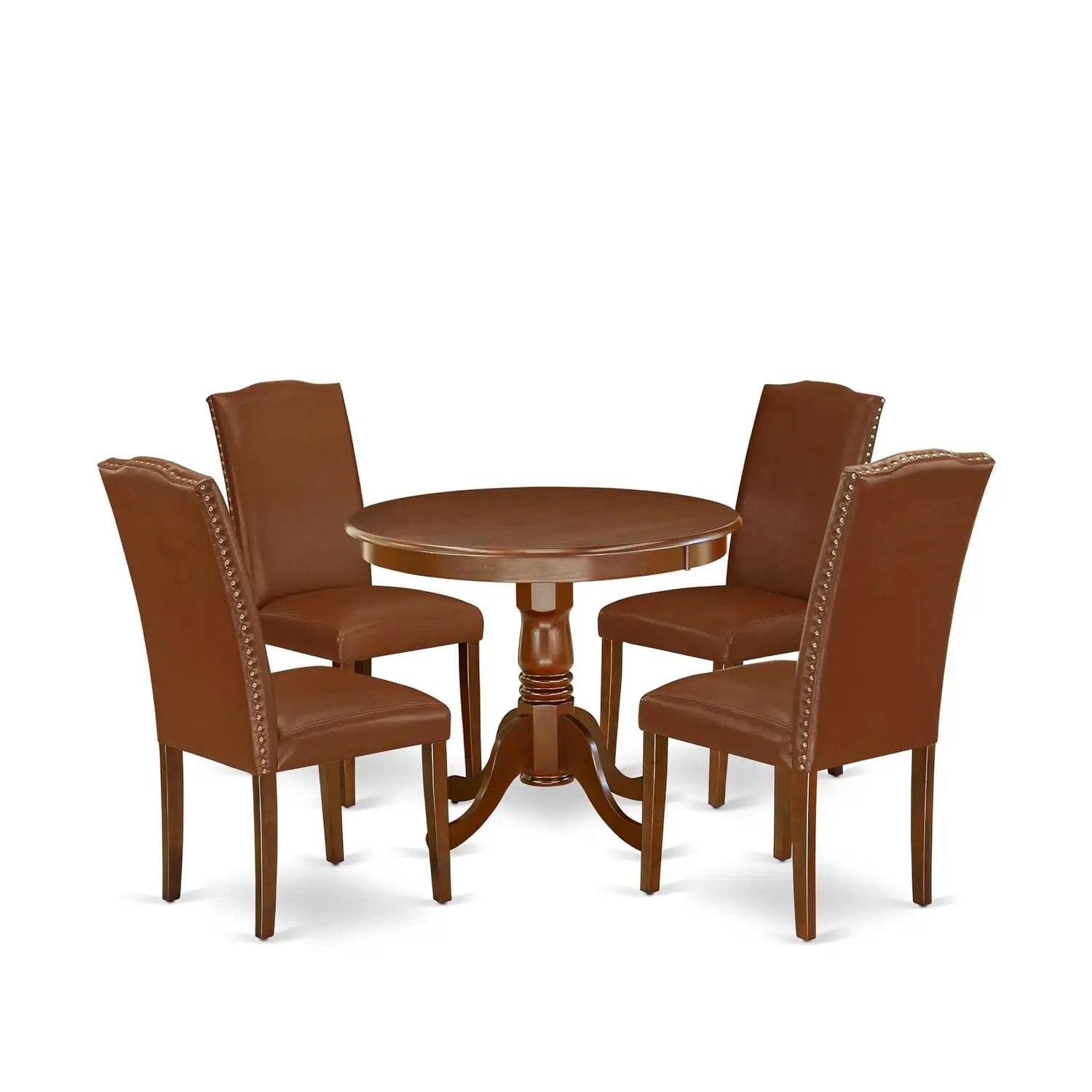 Round Dining Table with Pedestal & 4 Brown Faux Leather Parson Chairs 5 Piece Dining Set 36x36 Inch, Customized