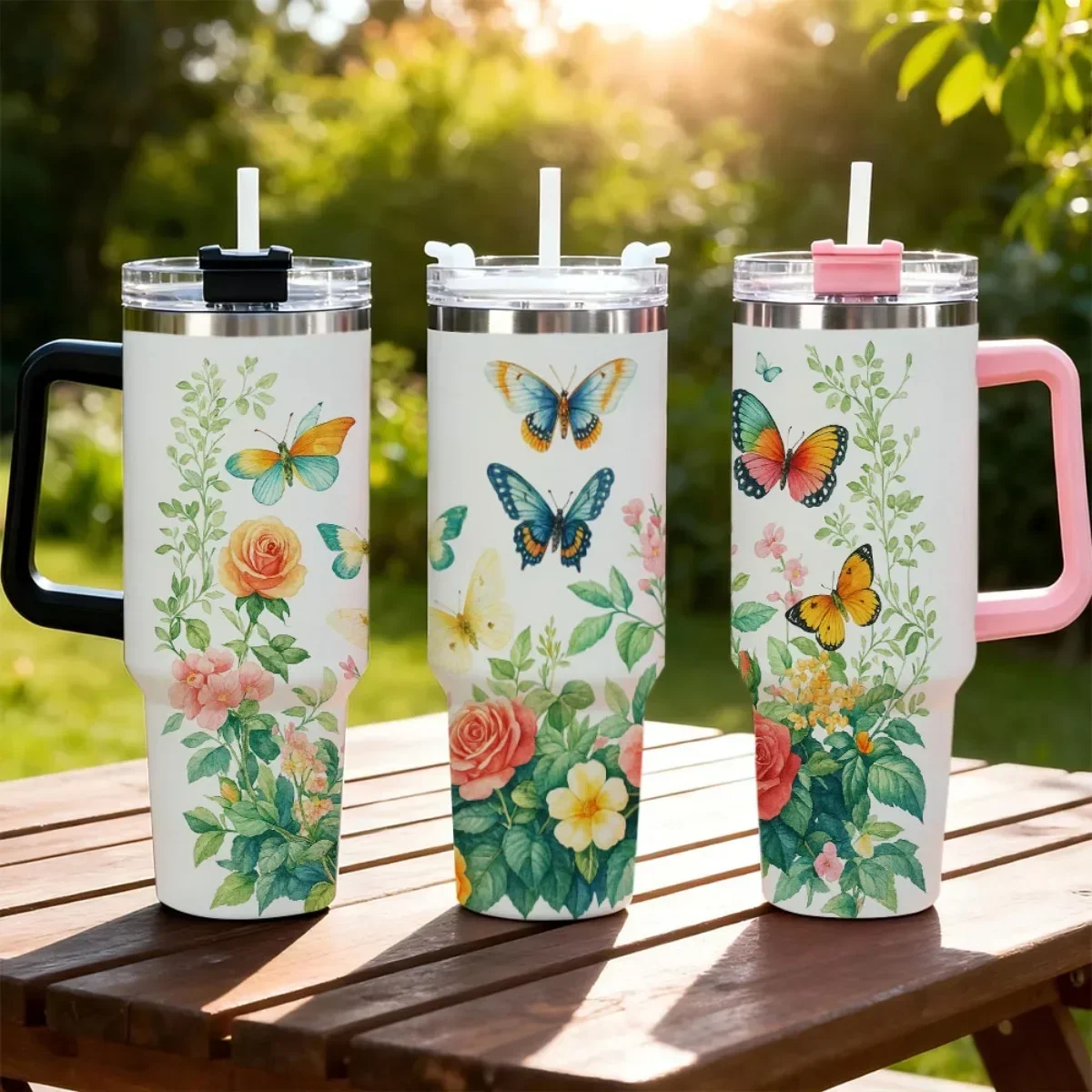 40oz Handle Tumbler, Watercolor Butterfly Floral Stainless Steel Insulated Travel Mug, **Only Black & White Handle, Pink Handle Will Not Be Shipped**, Reusable Hot Cold Drink Cup For Women Car Office Gift