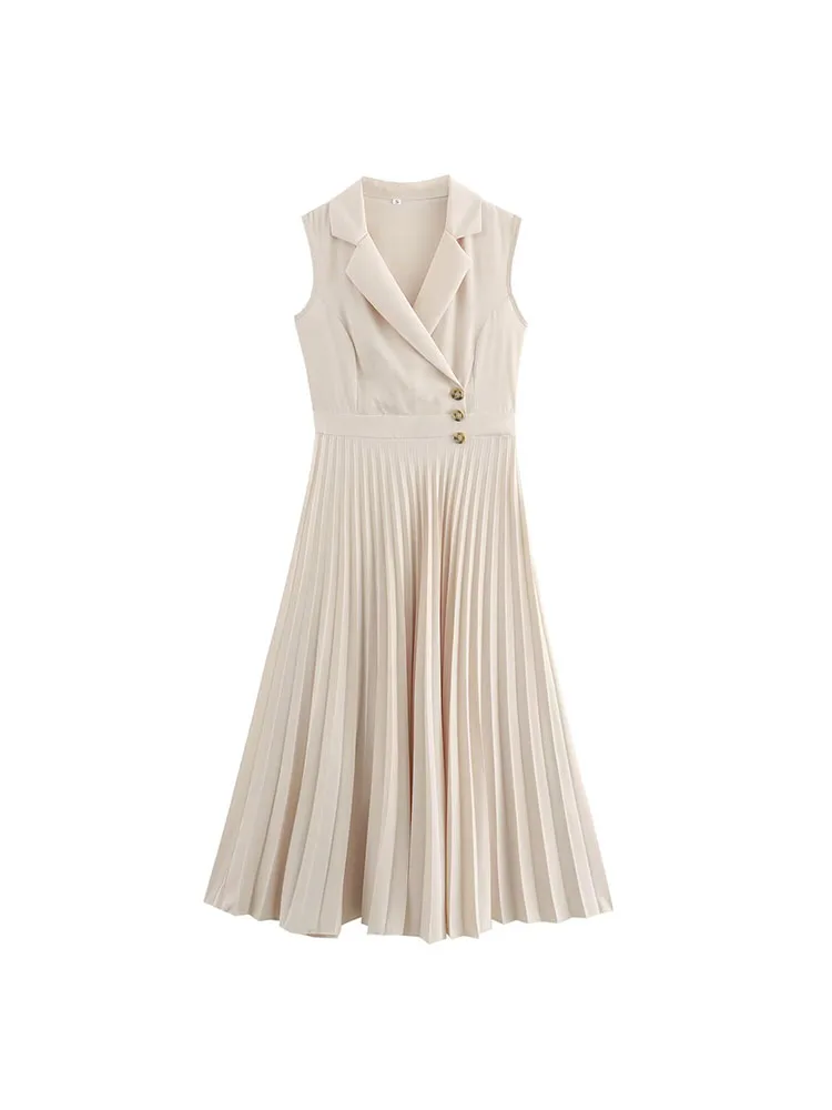 

2024 Summer New Women's Clothing European and American Style French Fashion Temperament Commuter Pleated Sleeveless Long Skirt