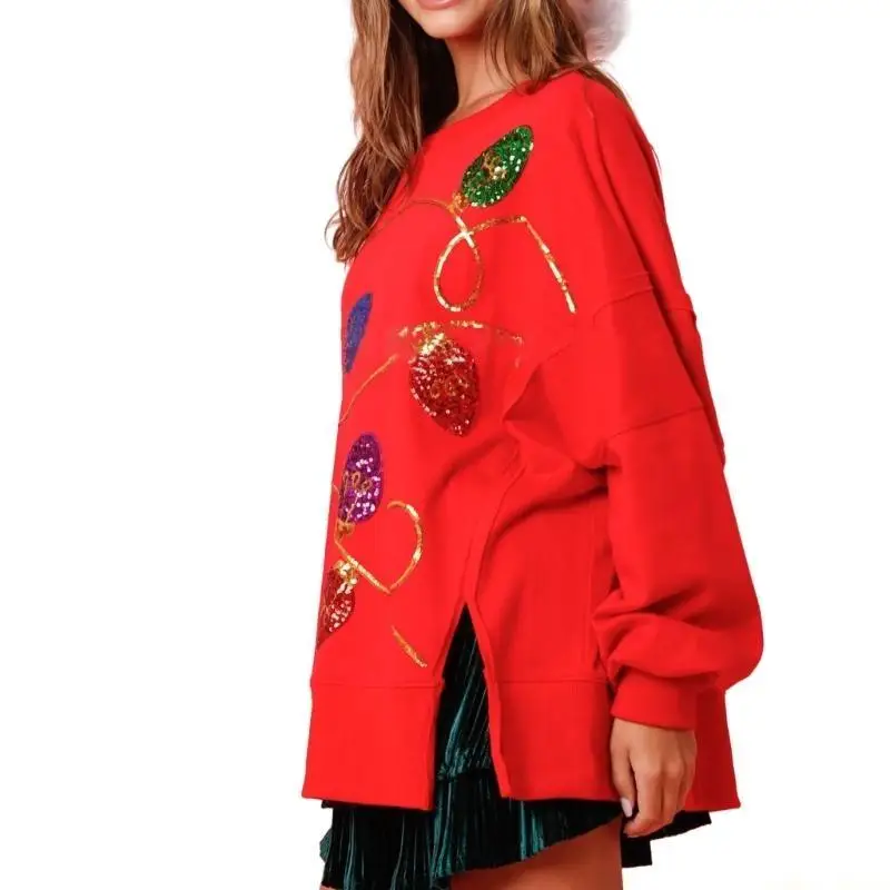 31BF Oversized Sweatshirts Women Long Sleeve Top Shirts Sequins Christmas Sweatshirt