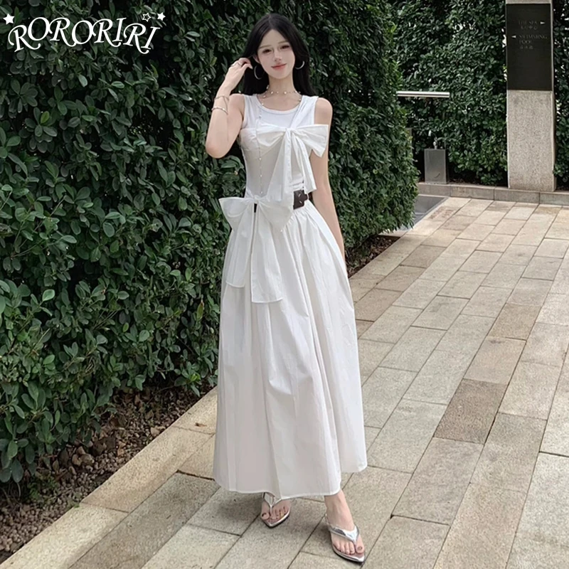 

RORORIRI женское длинное платье на бретельках с бантом и вышивкой на бретелях, с круглым вырезом, без рукавов, с драпировкой, повседневное однотонное трапециевидное цельное праздничное летнее платье