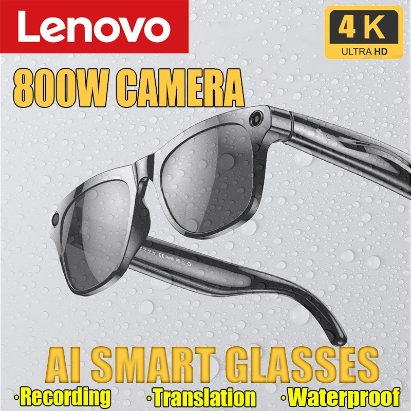 

Умные очки Lenovo 100MP AI с камерой 4K HD, Bluetooth-звонками, голосовым помощником, водонепроницаемые, с длительным временем автономной работы, для велоспорта и активного отдыха