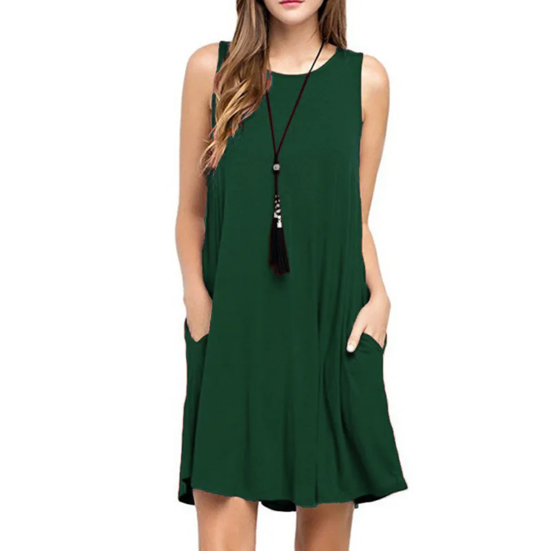 女性ドレス夏カジュアルノースリーブ Tシャツドレスビーチカバーアップ無地プリーツタンクポケットドレス休暇スタイル