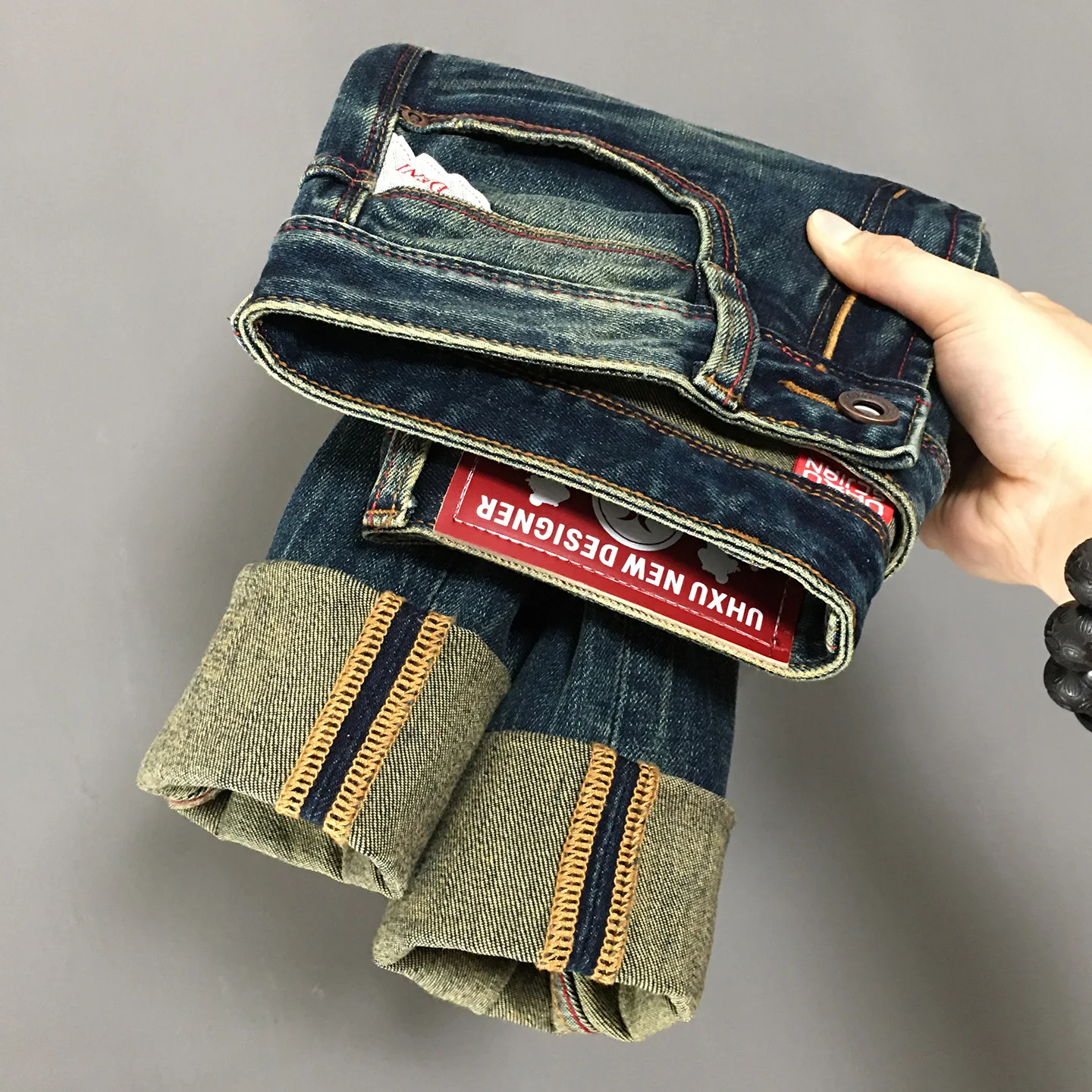 

High Quality Autumn/Winter Heavyweight Stretch Denim Jeans for Men American Retro Washed Distressed Slim Fit Straight Pants