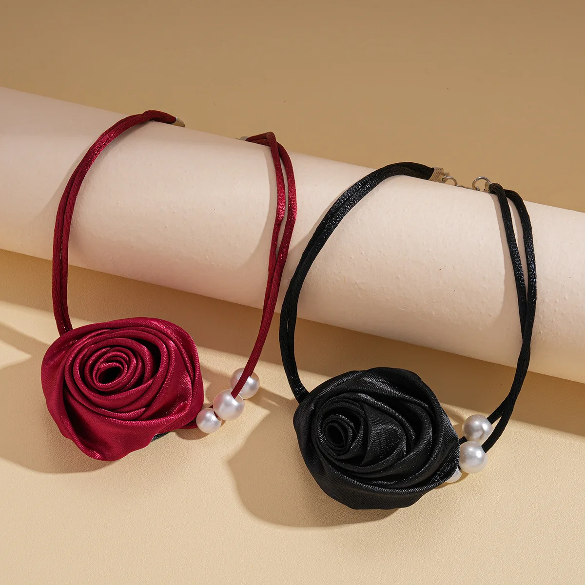 2026 Romantic Satin Rose Choker Necklace With Faux Pearl Accents Elegant Double Layered Flower Choker For Women Date Night Wear