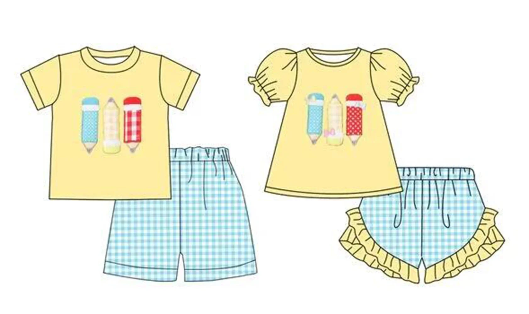 

Matching Outfits for Boys and Girls Back to School Collection Yellow Tops Blue Plaid Shorts Color Pencil Print Toddler Summer se