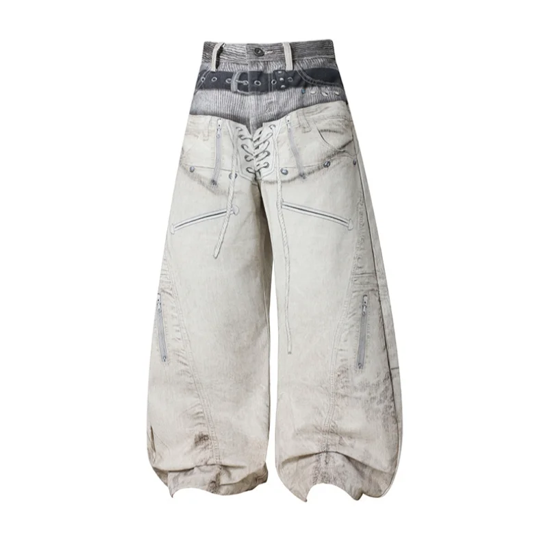 MWJLPWQ Vintage Washed Baggy Jean Lace Up Front Multi Side Zipper Pocket Belt Waist Men Gothic Street Loose Bottom Fit 16976
