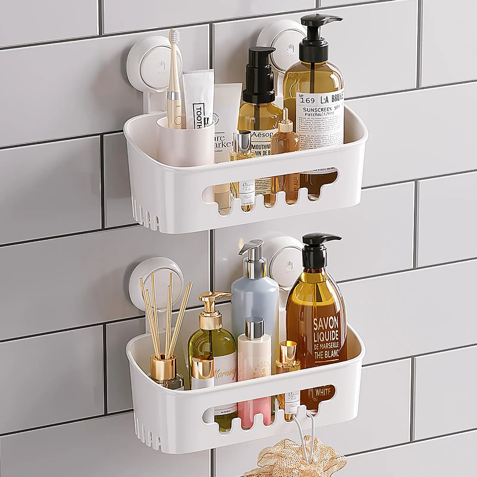 

TAILI Suction Shower Caddy, Wall Mounted Bath Organizer Shelf for Shampoo, Body Wash, Plastic Shower Rack, Drill-Free Removable