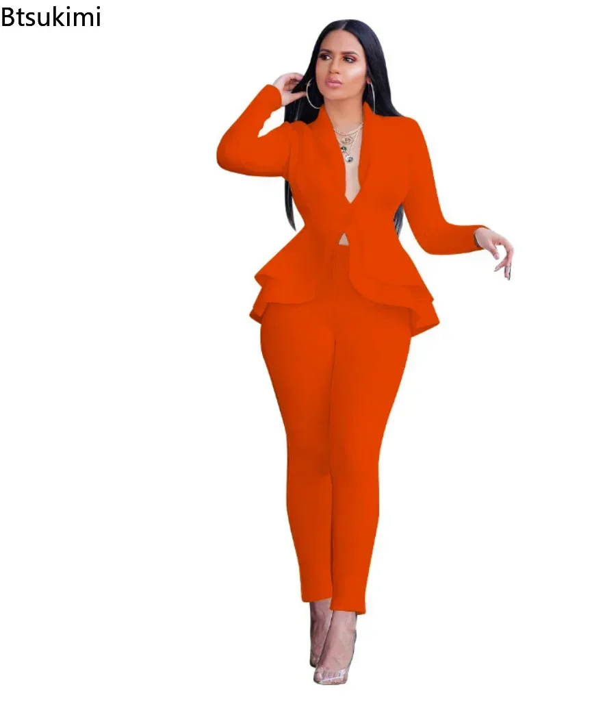 2025 Women\'s Formal Set 2PCS Tracksuit Full Sleeve Ruffles Blazers Pencil Pants Suit Two Piece Set Office Lady Outfits Uniform