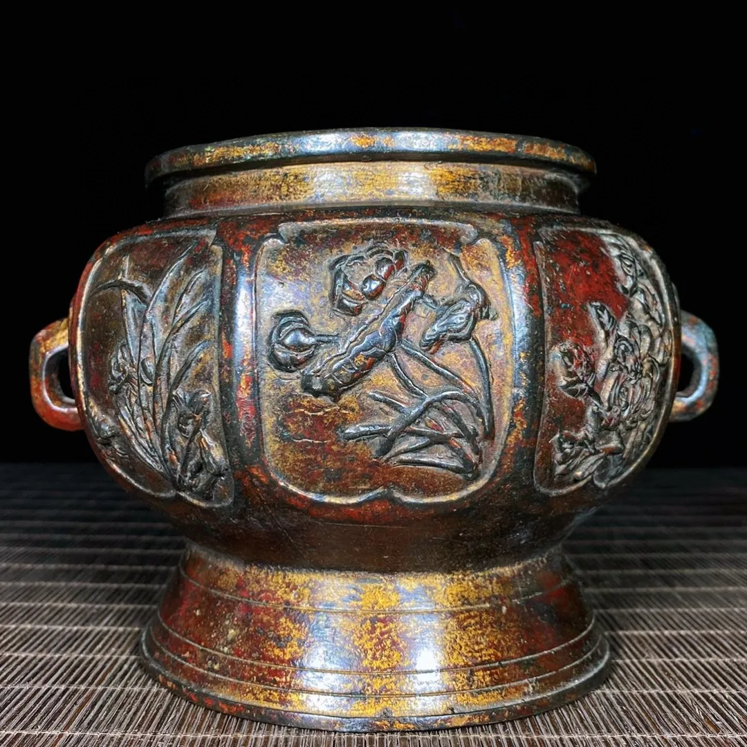 

Collectable Qing Dynasty old copper incense burner with gilt flower pattern Incense Stove\Censer,Decoration