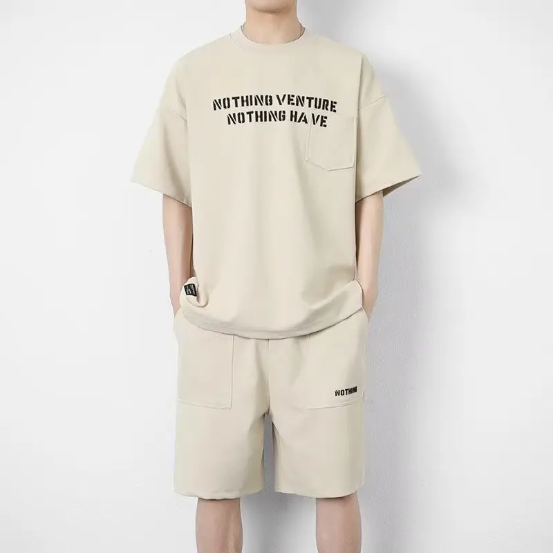 Summer Men Casual Sets S-5XL Oversized T Shirts Shorts 2 Piece Set Designer Clothes Men Youth Sports Khaki Tracksuit New 2025