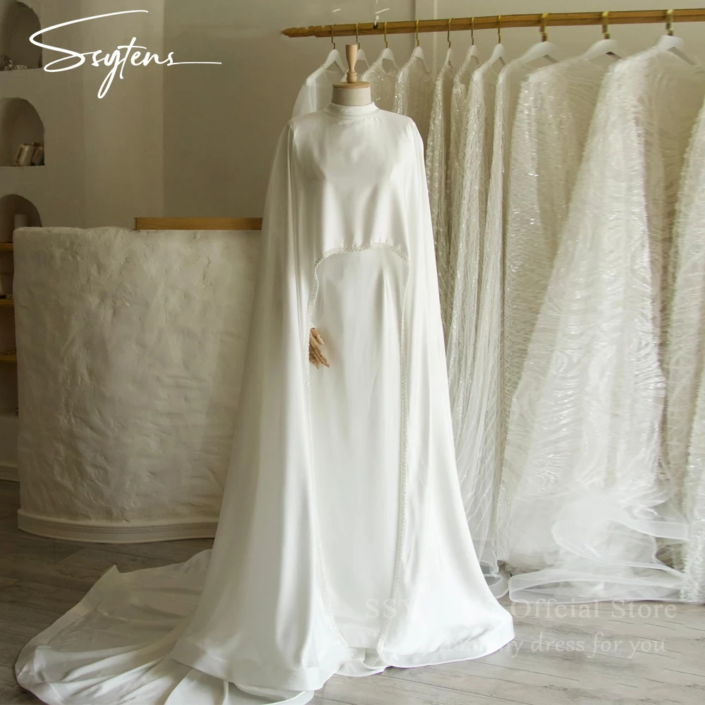 SSYTENS Modest Muslim Wedding Dresses for Women 2 Pieces Cape Veiled Bride Dresses Long Customized Bridal Gown Vestidos De Novia
