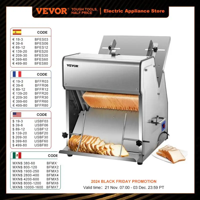 

VEVOR Commercial Bread Slicer 370W Stainless Steel 12mm Blades Electric Bread Cutting Machine Kitchen Appliance Toast Processor