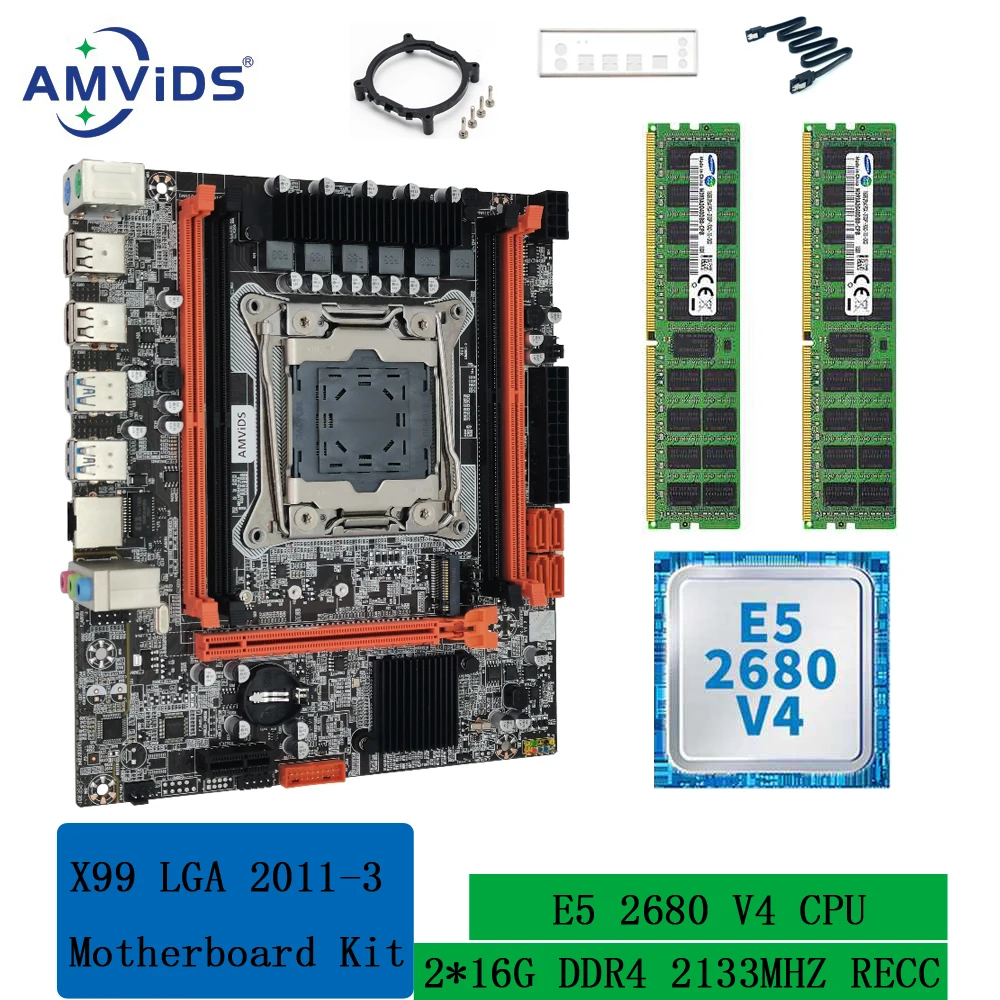 X99 Kit Motherboard with E5 2680 V4 Processor 32GB(2*16GB) DDR4 2133Mhz ECC REG Memory LGA2011 v3 Set combo NVME