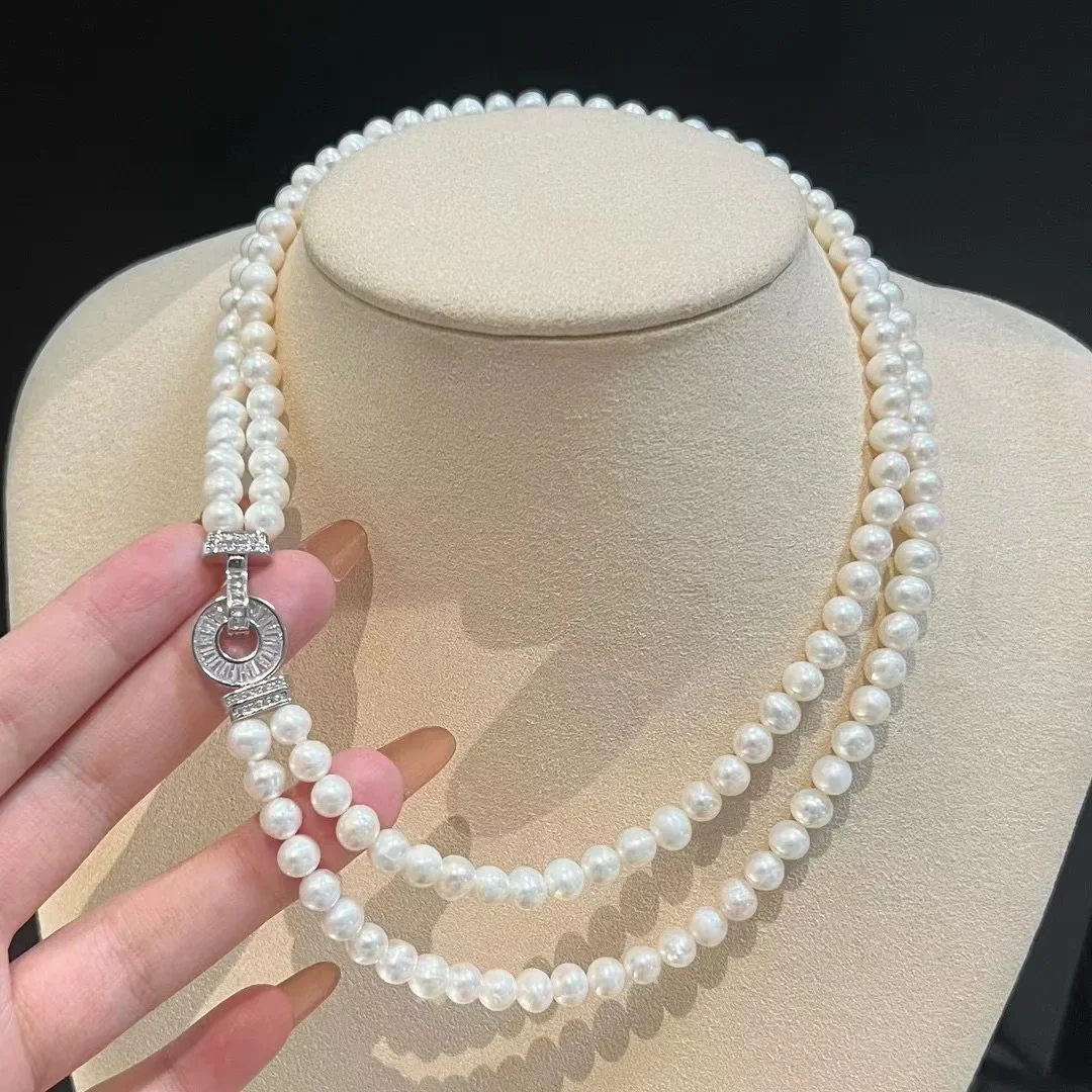 

Круглая двухрядная цепочка с натуральным жемчугом AAA5-6 мм Южного моря 925s-17-18 дюймов