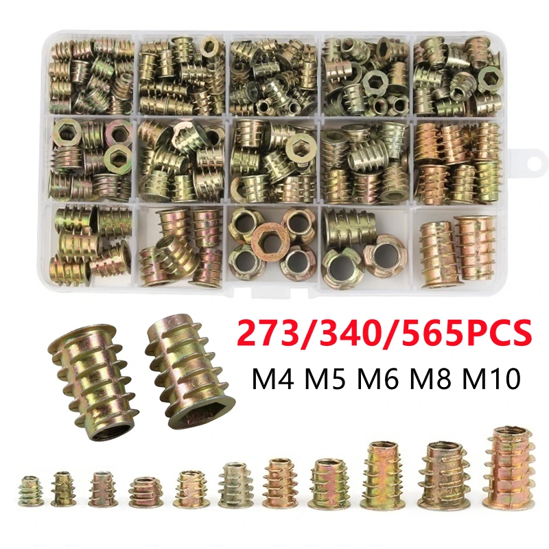 565/340/230/50pcs Threaded Insert Nut E-nut M4 M5 M6 M8 M10 Kit for Wood Furniture Bed Cabinet Table Embedded Hex Hexagon Nuts