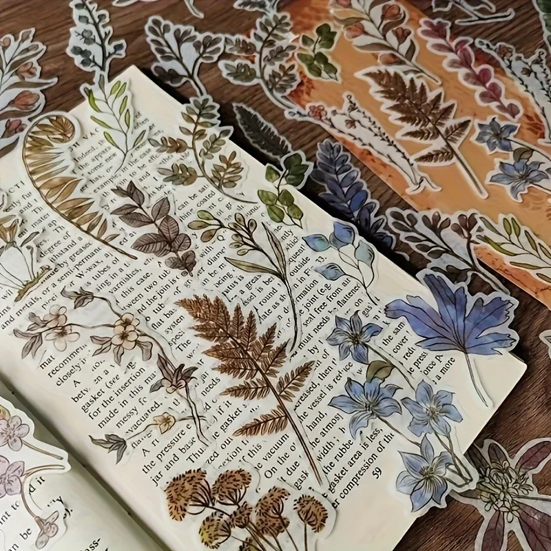 60 шт./упак. японских бумажных наклеек в стиле ретро с растениями, смешанные с цветочными и блестящими декорациями, матовая поверхность, самоклеящиеся, irre