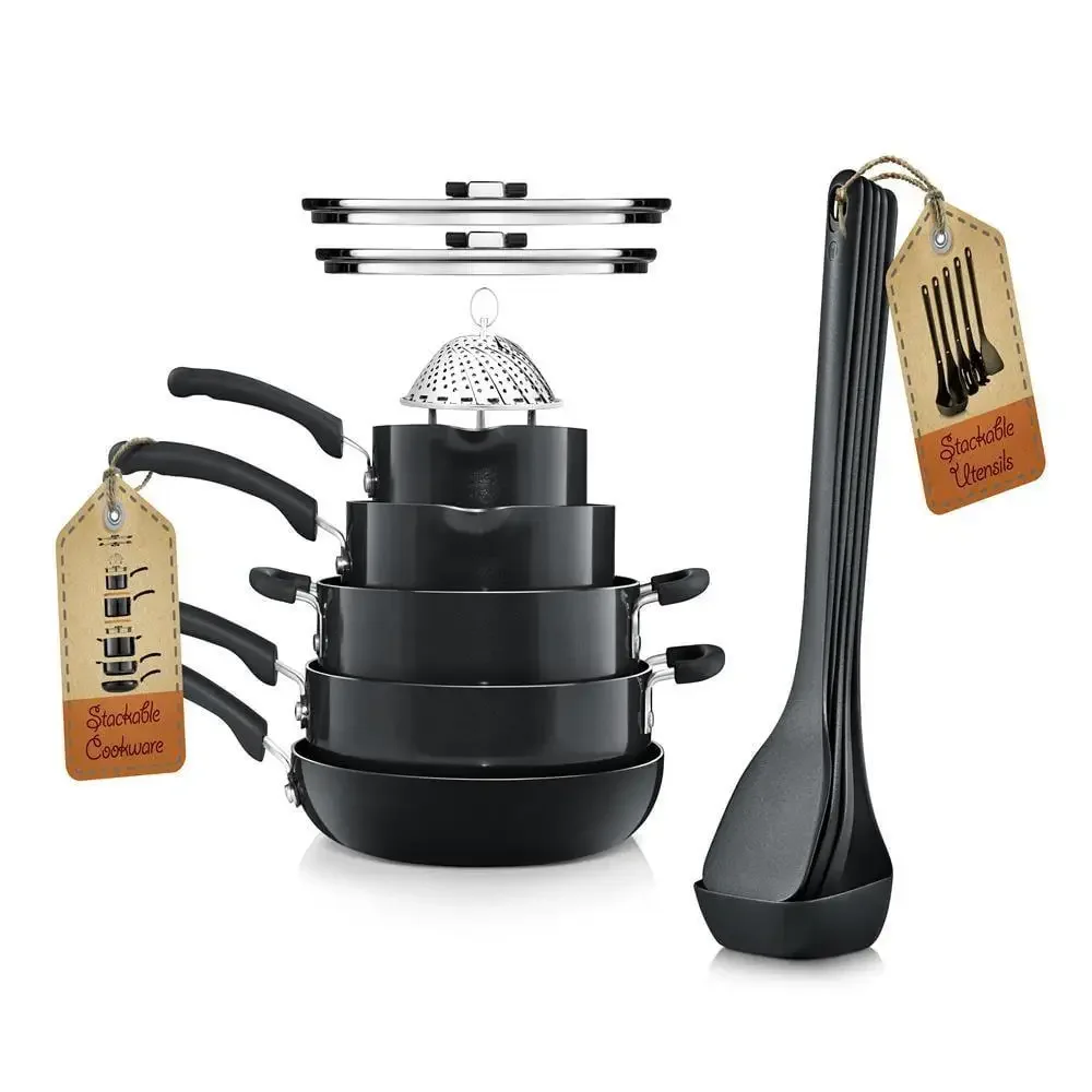 17-Piece Cookware Set Non-Stick Pans Pots Foldable Knob Space Saving Stackable Nylon Tools Induction Base Stylish Modern Design