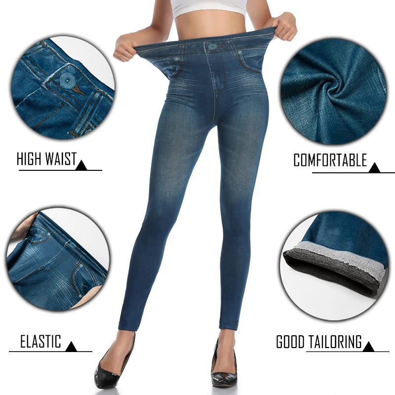 TUNIControl-Jean taille haute en faux denim pour femme, jegging slim, pantalon crayon imprimé, sans couture, skinny fjny