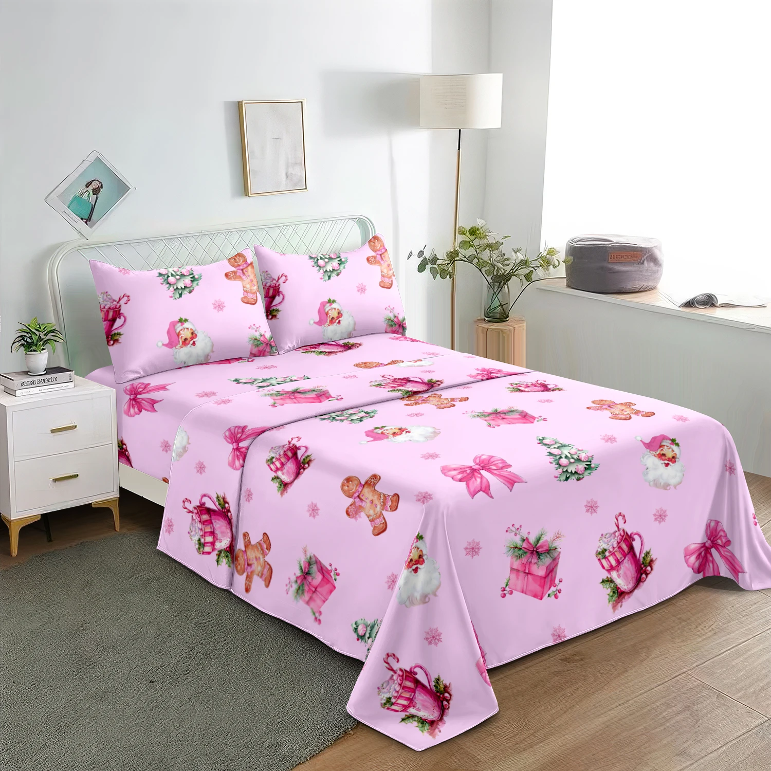 4pcs Sweet Pink Christmas Sheet Bedding Set,Pastel Pink Pink Santa Gingerbread Bows Coquette Holiday Flat Sheet Fitted Sheet Set