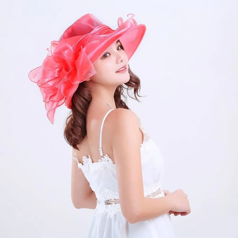 Fashion Flower Organza Mesh Hat Wide Brim Travel Bucket Hat Exquisite Summer Sun Cap for Women