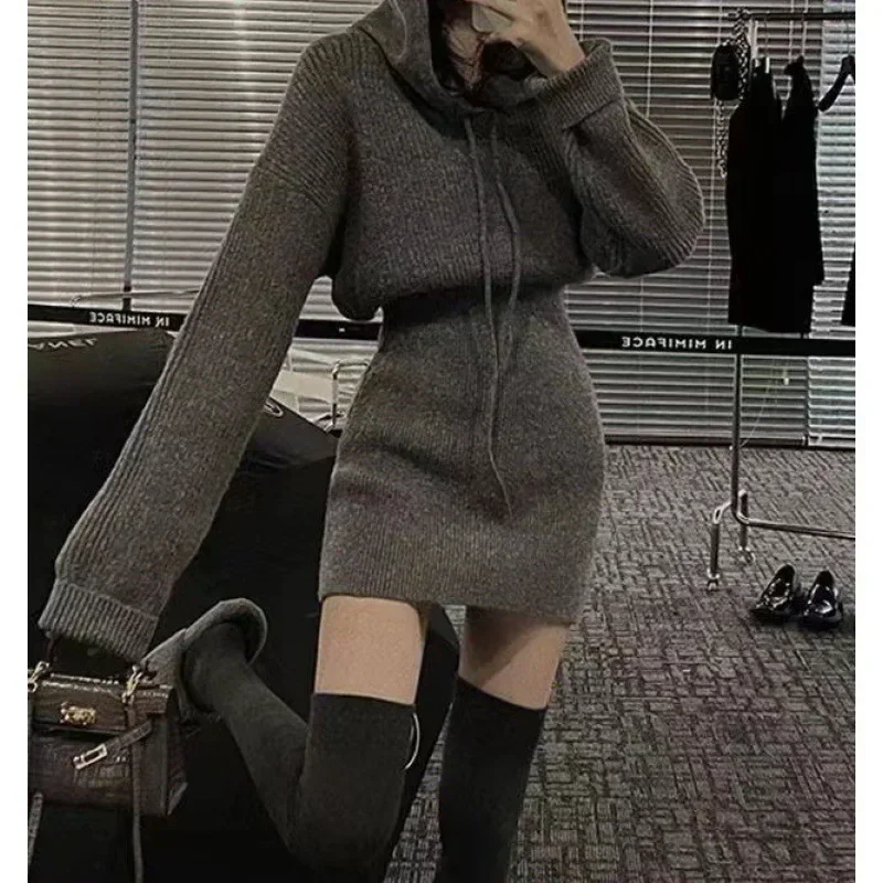 

Women Fashion Knitted Dress Causal 2023 New Autumn Winter Waist Temperament Bottom Tight Hooded Sweater Dresses