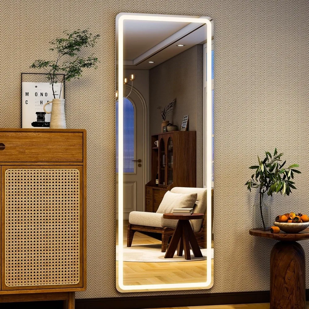 LED-beleuchteter Ganzkörperspiegel, gehärtetes Glas, 26"x68", einstellbare Helligkeit, 3 Farboptionen, an der Tür montierbar, stehendes Design