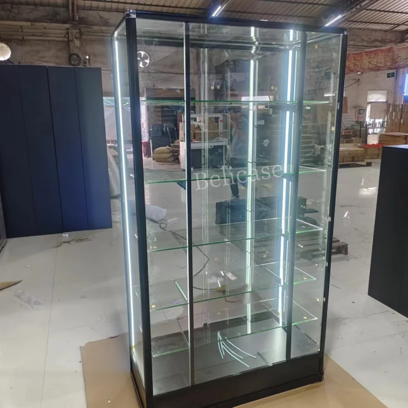 Custom, full show Display for smoke shop lockable tall showcase with colorful light retail store aluminum glass show