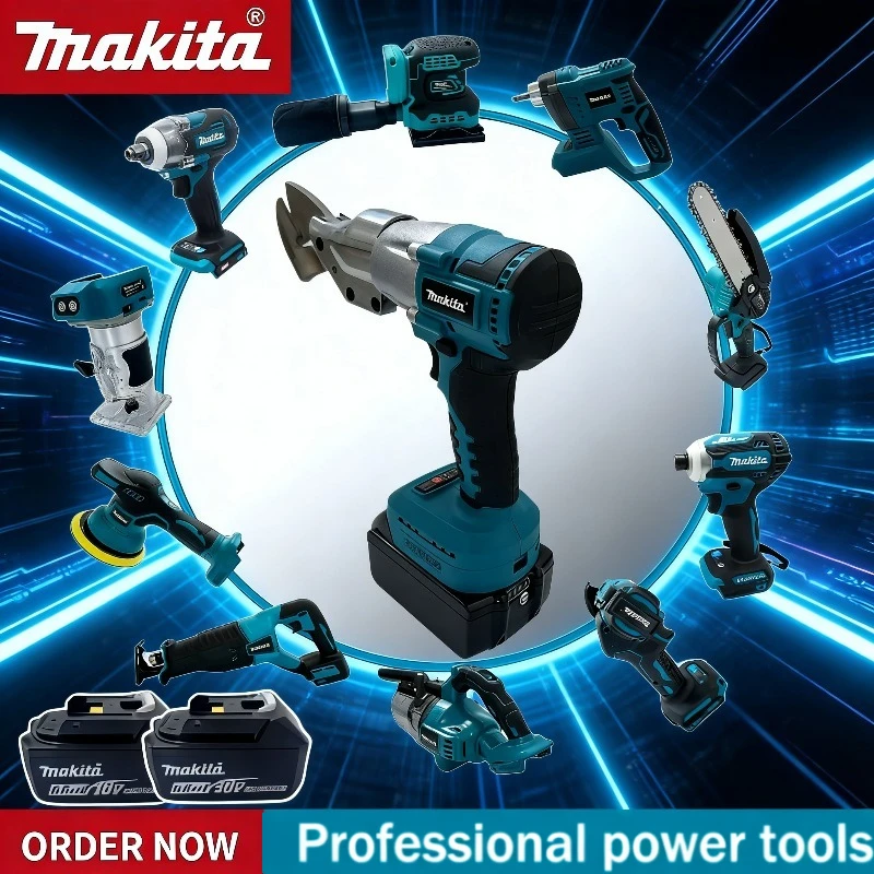 

Наборы электроинструментов Makita: бесщеточная аккумуляторная ударная дрель, угловая шлифовальная машина, электрическая циркулярная пила, совместимые с аккумуляторами Makita.