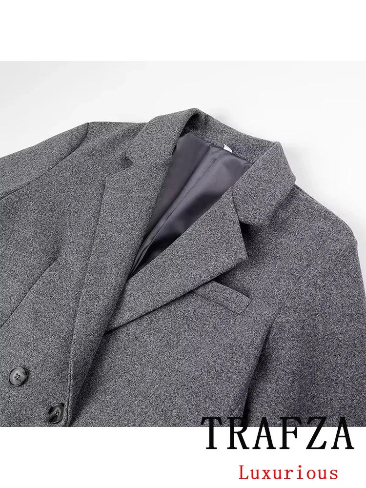 TRAFZA Vintage Casual Chic Solid Women Overcoat Double Breasted Oversized Long Jackets Fashion 2024 Autumn Winter Thick Coats