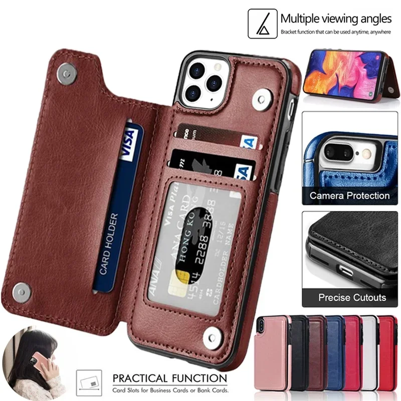 

Leather Wallet Back Case for IPhone 11 12 Mini 13 14 Pro Max 15 Promax XR XS 8 7 6s 6 Plus SE Card Slots Holder Flip Cover