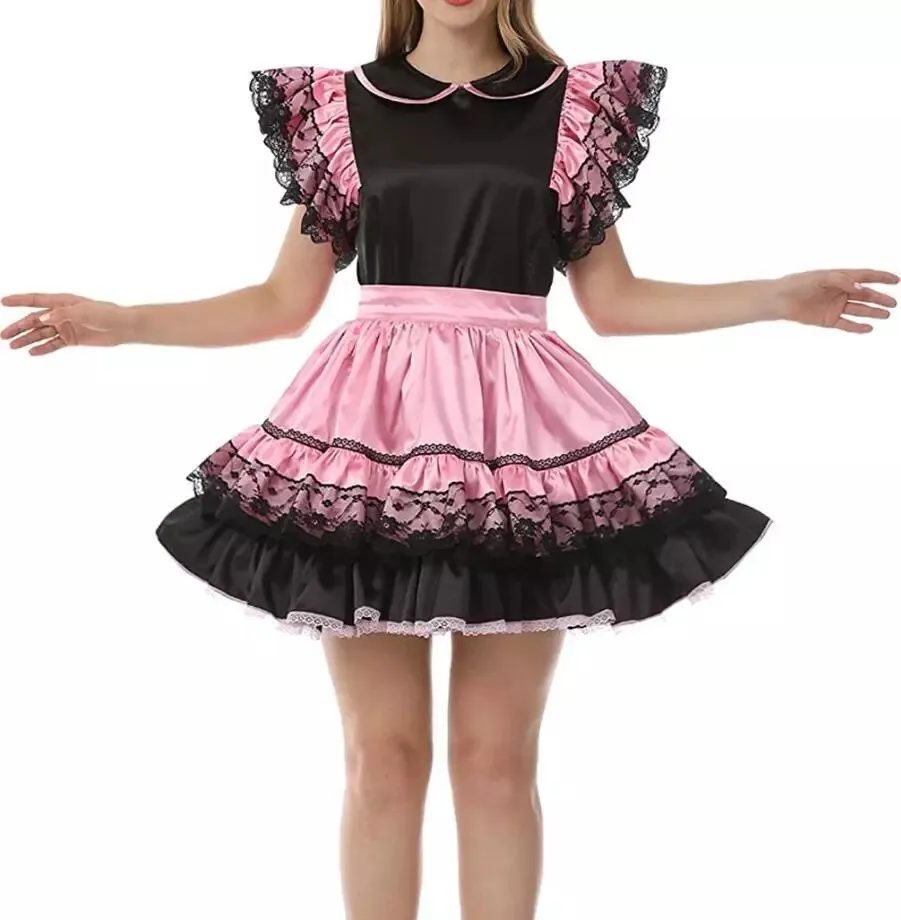 

Sexy sissy French maid black satin lockable lace ruffle dress maid cosplay costume customizable