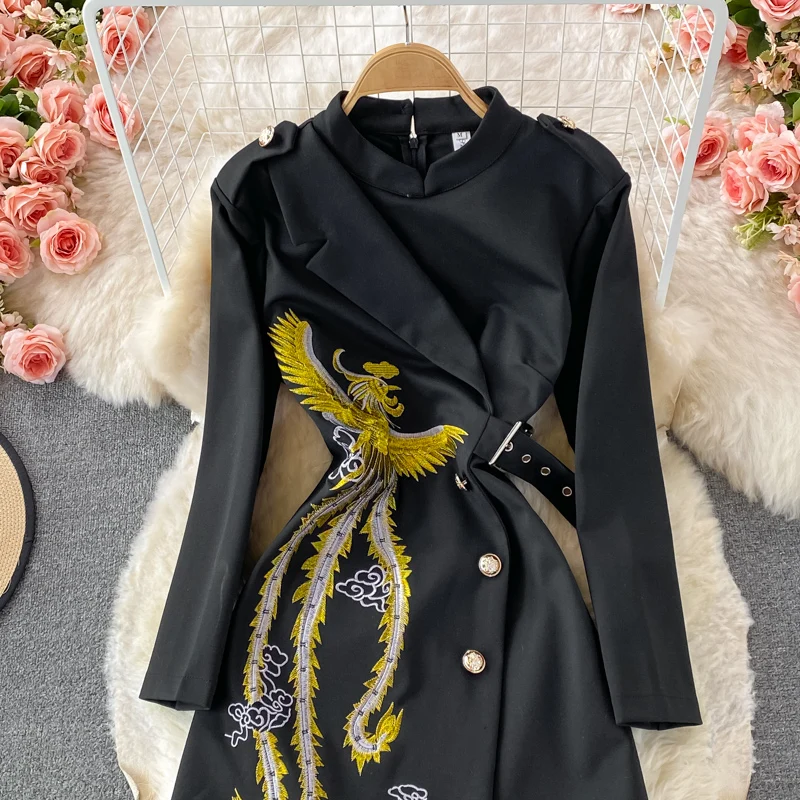 Spring Autumn Embroidery Women's Dress Stand Collar Elegant Asymmetrical Female Dresses For Lady Vestidos Para Mujer платье