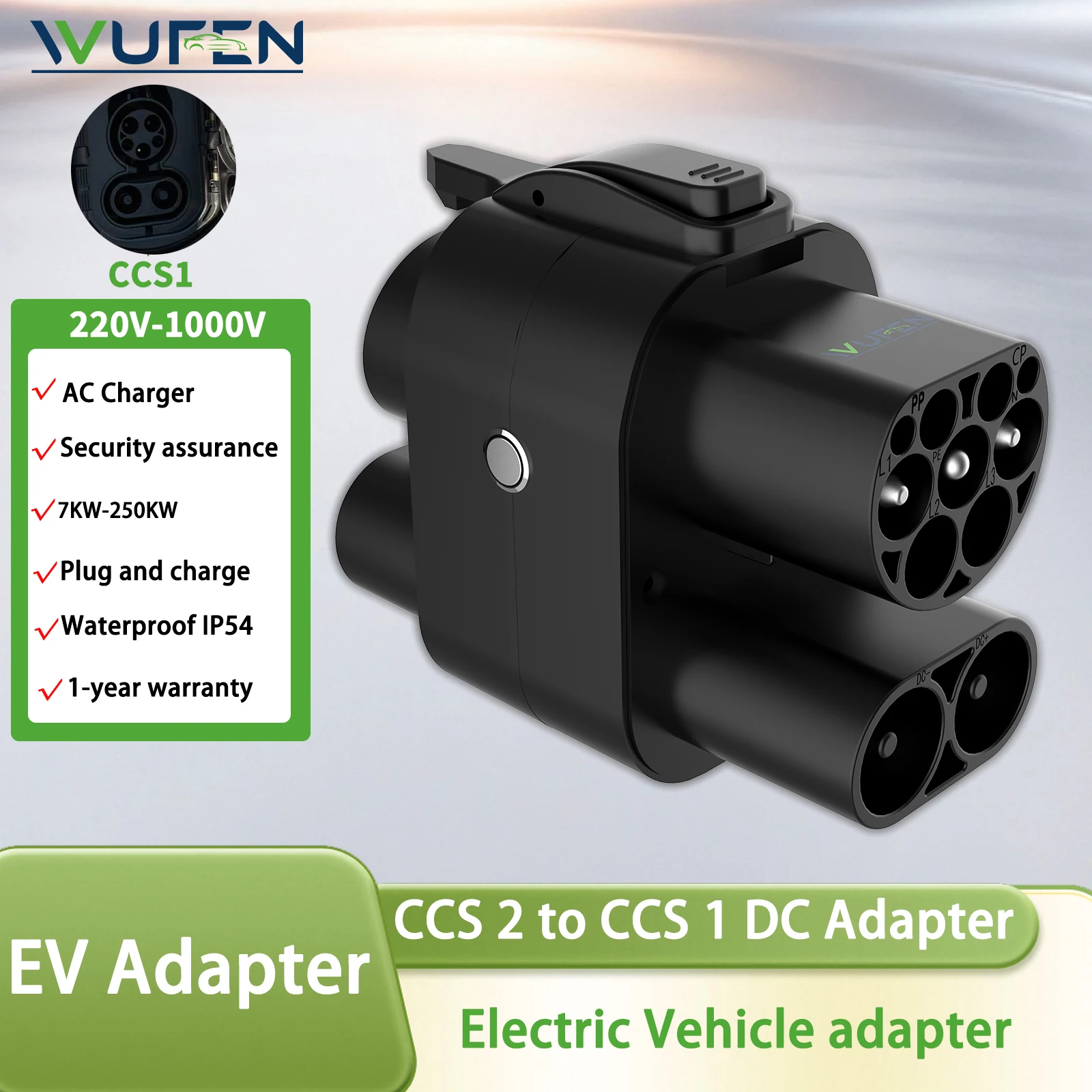 WUFEN EV-Ladeadapter CCS2 zu CCS1 AC&DC 32-250A 7-250KW Schnellladungsadapter CCS Combo 2 zu CCS Combo 1 für CCS1-Autoladung