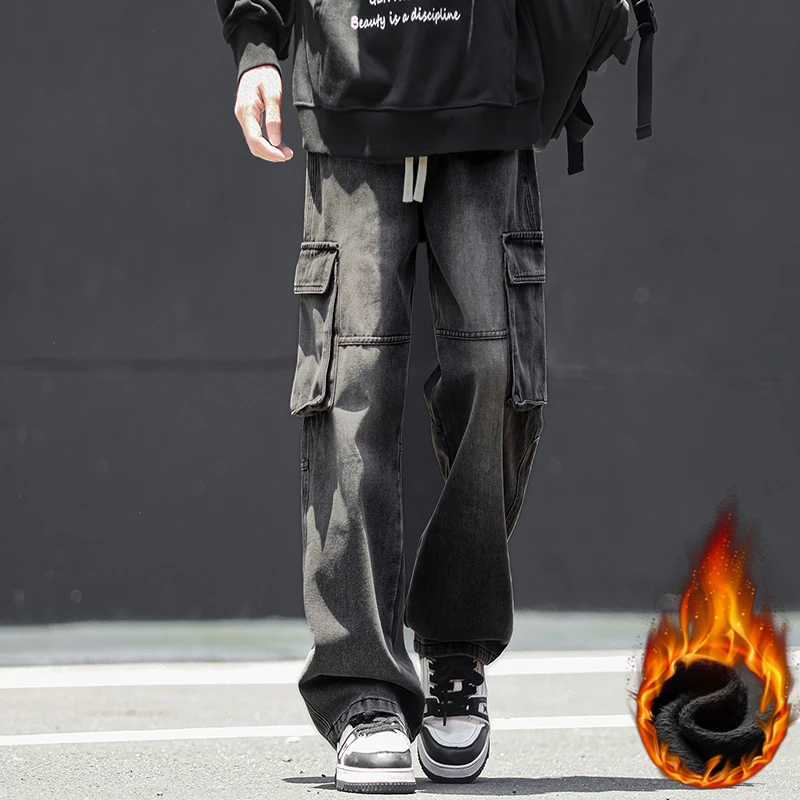 

Man Winter Fleece Loose Cargo Jeans Thicken Thermal Elastic Waist Cotton Denim Trousers Vintage Leisure Streetwear Men Pants