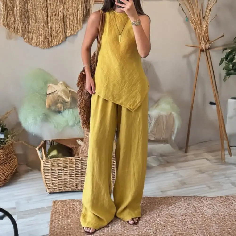 Women's Cotton Linen Long Pants Sets Fashion Solid Casual Irregular Tops Wide Leg Pant Suits Office Lady Summer Casual suit