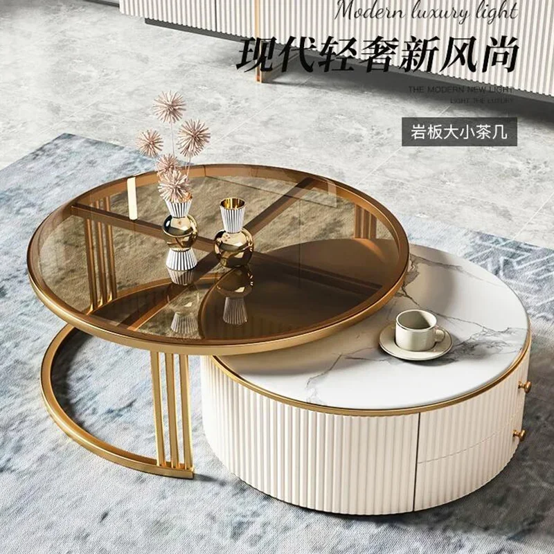 

yh round Glass Stone Plate Coffee Table Modern Minimalist Living Room Home Retractable Size Combination