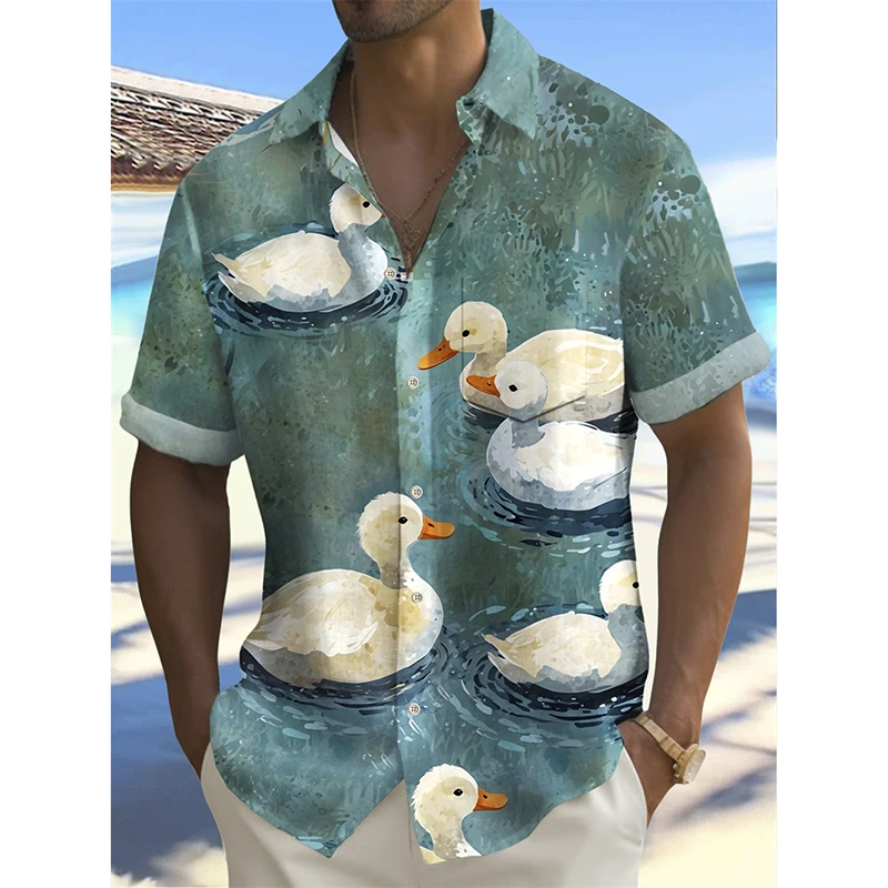 Chemises hawaïennes à manches courtes pour hommes, loisirs d'été, imprimées en 3D, boutons à revers, rue Y2k, mignon, flamant rose, chat canard, haut graphique