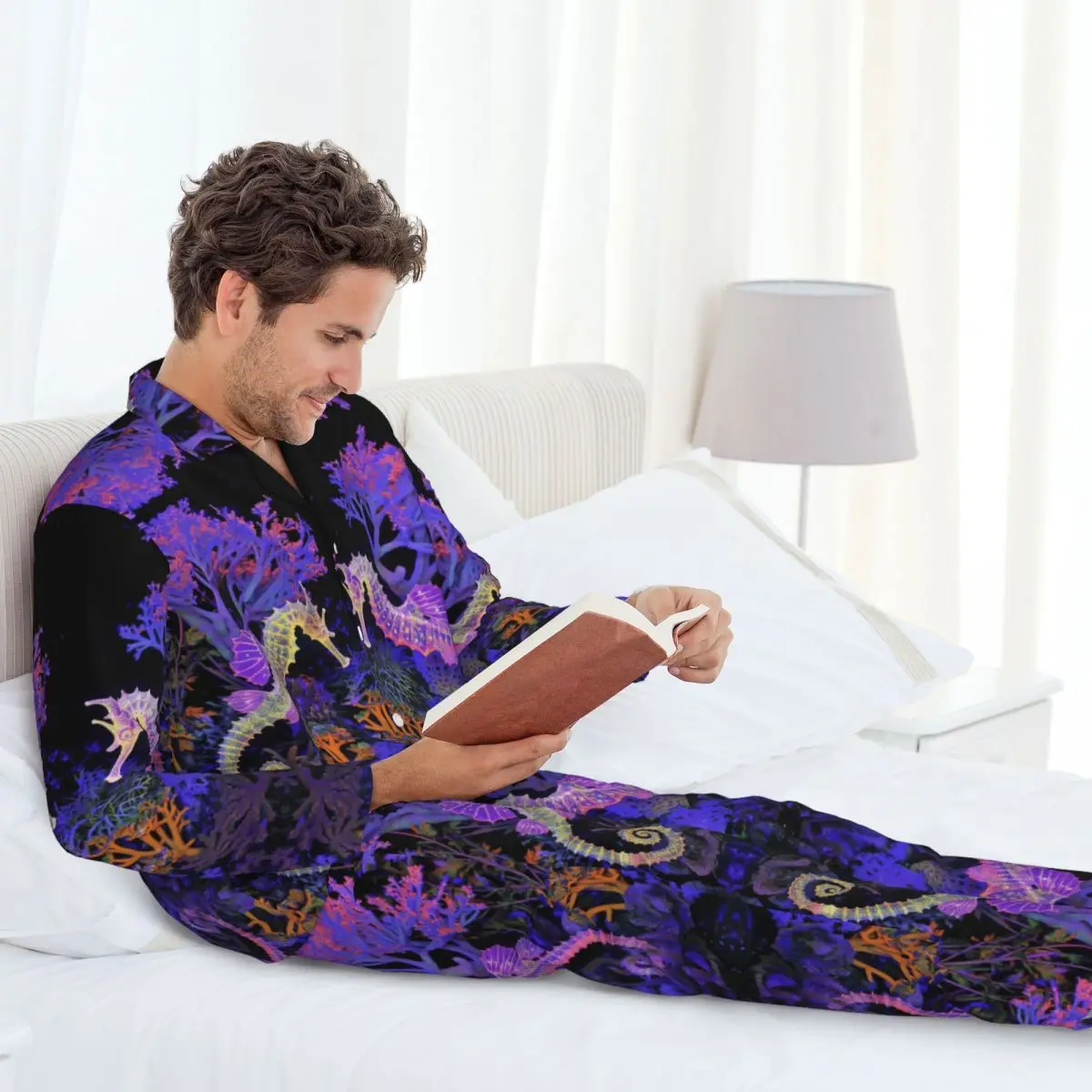 Sea Horse Animal With Fantastic Neon Lighting Long-sleeved Trousers Pajamas for Men Autumn and Winter Homewear Sleepwear Sets